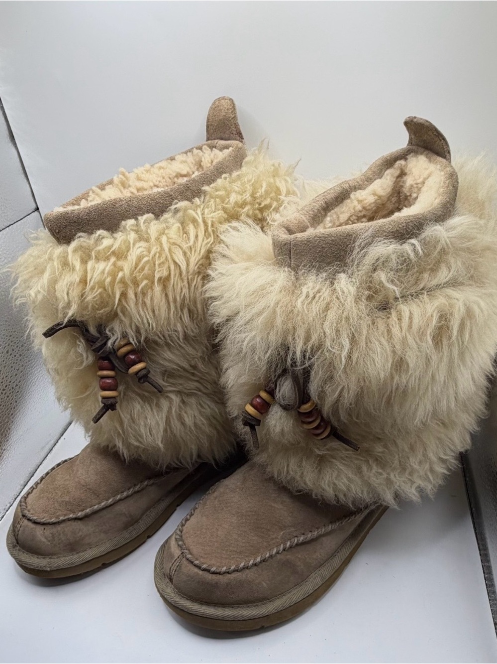 UGG Tan Shearling Fur Moccasin Boots with Bead Accents